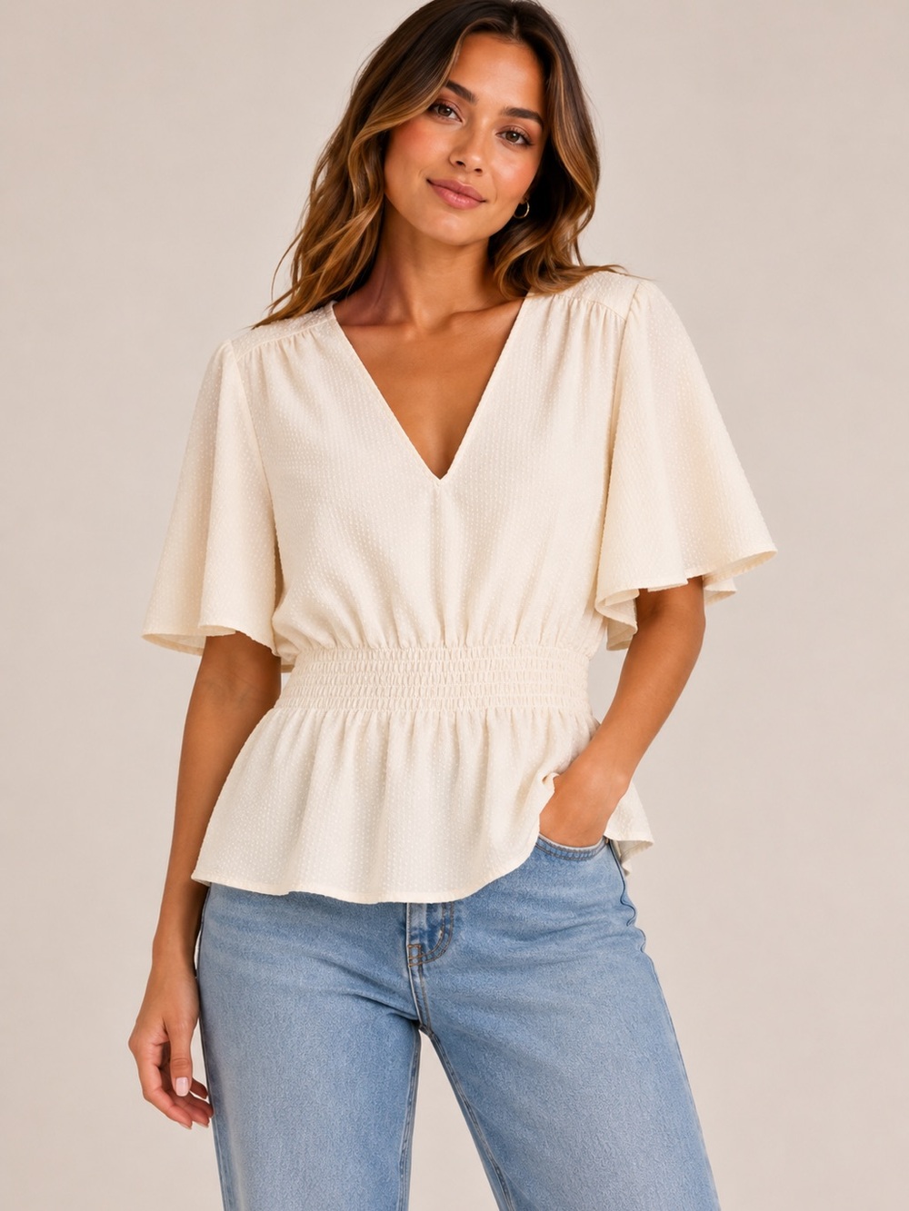 Bar III Cream V-Neck Smocked Peplum Blouse
